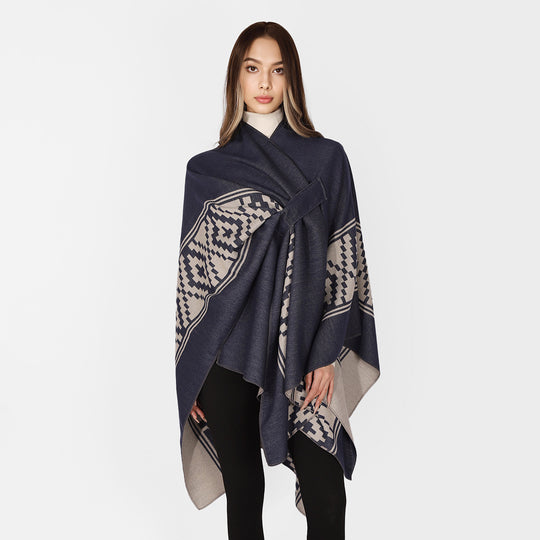 Damen Jacquard‑Ruana mit Bindegürtel und geometrischem Muster Shop Nory