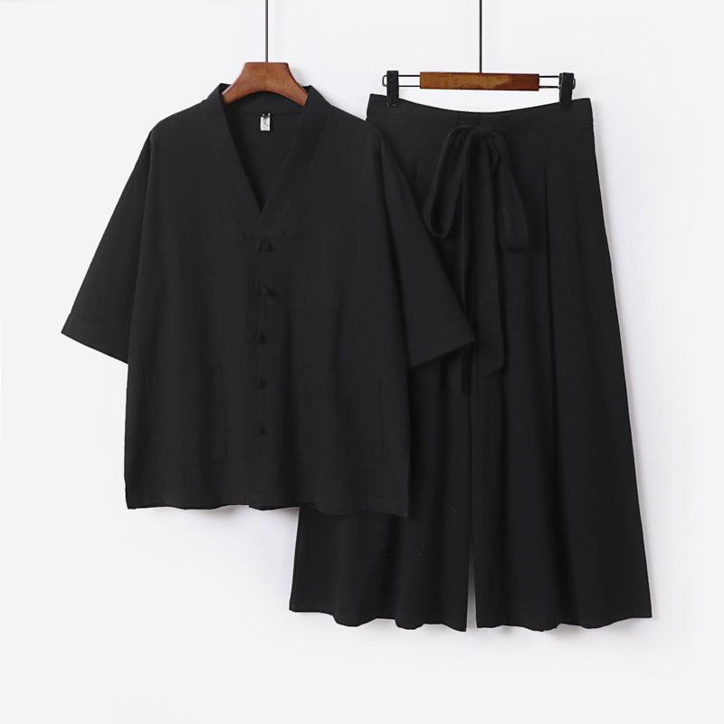 Damen Zweiteiliges Kimono-Lounge-Set mit Kurzarm-Knopfjacke, aufgesetzten Taschen und weiten Palazzo-Hosen Shop Nory
