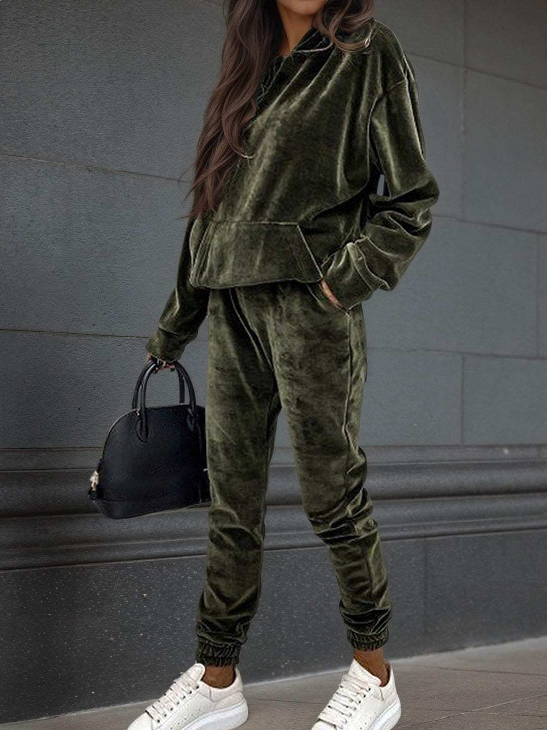 Damen Samt-Jogginganzug mit Kapuzenhoodie, Kängurutasche und elastischer Bündchenhose Shop Nory