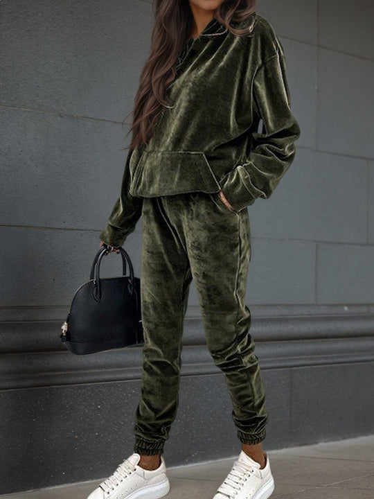 Damen Samt-Jogginganzug mit Kapuzenhoodie, Kängurutasche und elastischer Bündchenhose Shop Nory