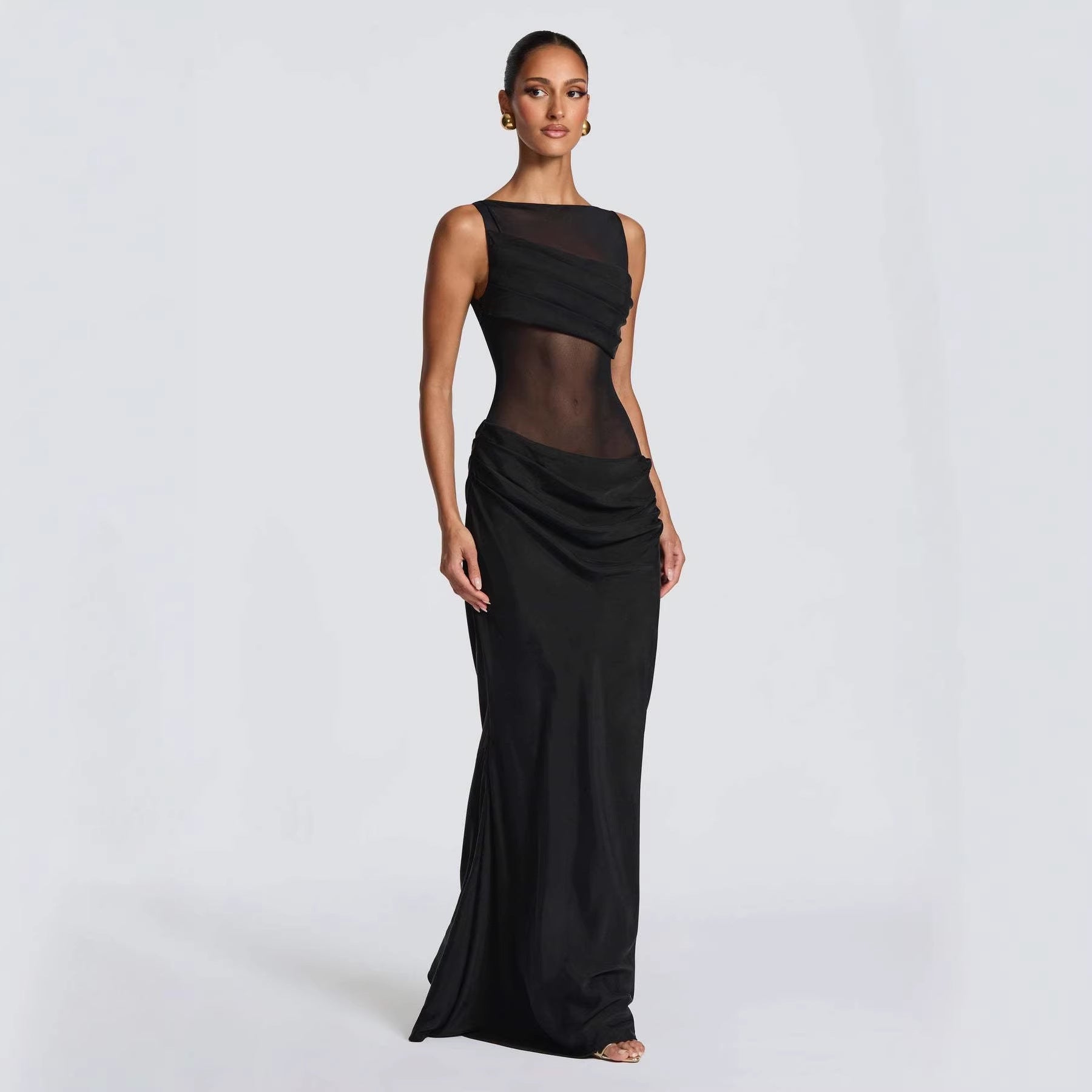 Damen Elegantes Abendkleid mit transparentem Oberteil und raffinierten Rüschen