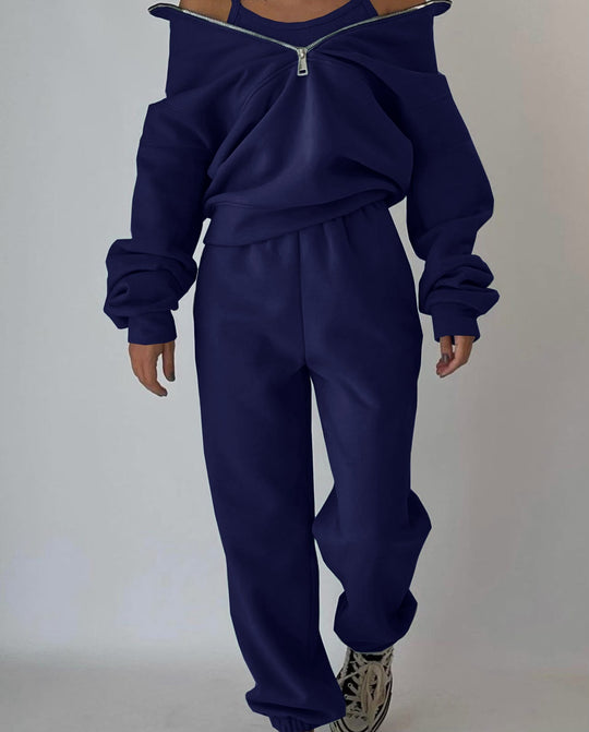 Damen Lässiger Oversized-Hoodie und Jogginghose Set mit Praktischem Reißverschluss