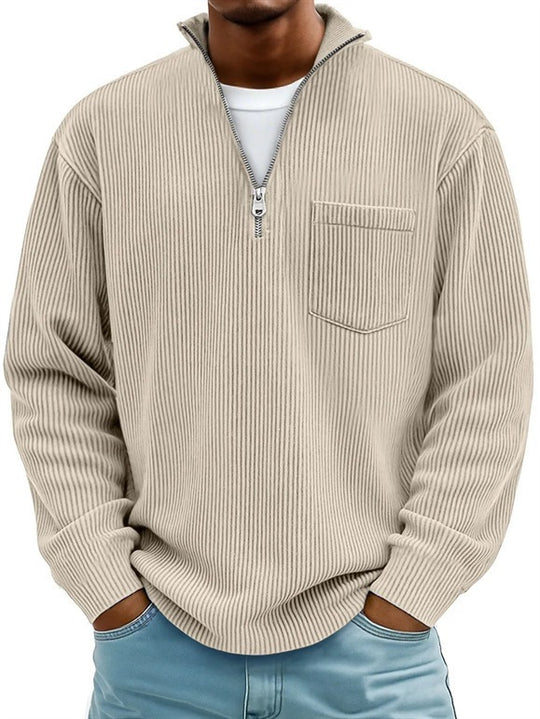 Herren Rippstrickpullover mit kurzem Reißverschluss und Brusttasche EB