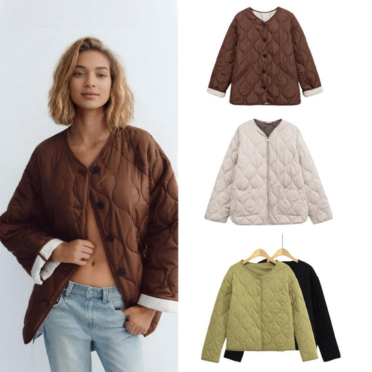 Damen gesteppte Jacke mit Rundsteppung, Knopfleiste und V‑Ausschnitt Shop Nory