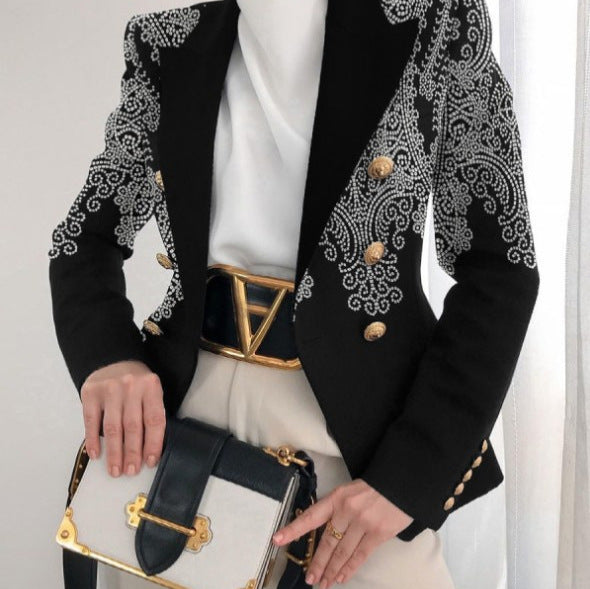 Damen Taillierter Doppelreihiger Blazer mit markanter Schulter, Goldknöpfen und Glitzer-Ombré Shop Nory