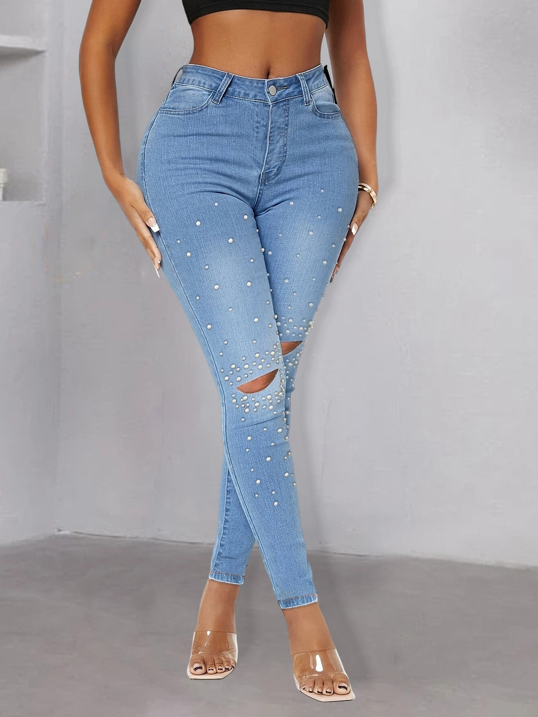 Damen perlenverzierte High‑Waist Skinny‑Jeans mit Knieausschnitten Shop Nory