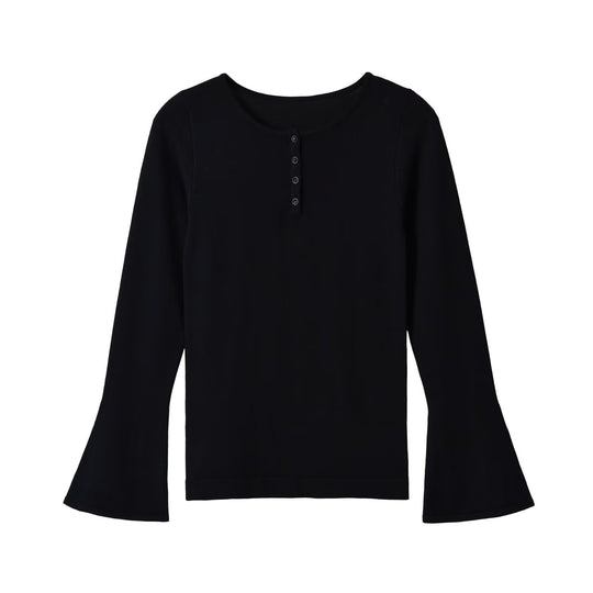 Damen Feinstrick-Longsleeve mit Henley-Knopfleiste und ausgestellten Trompetenärmeln Shop Nory