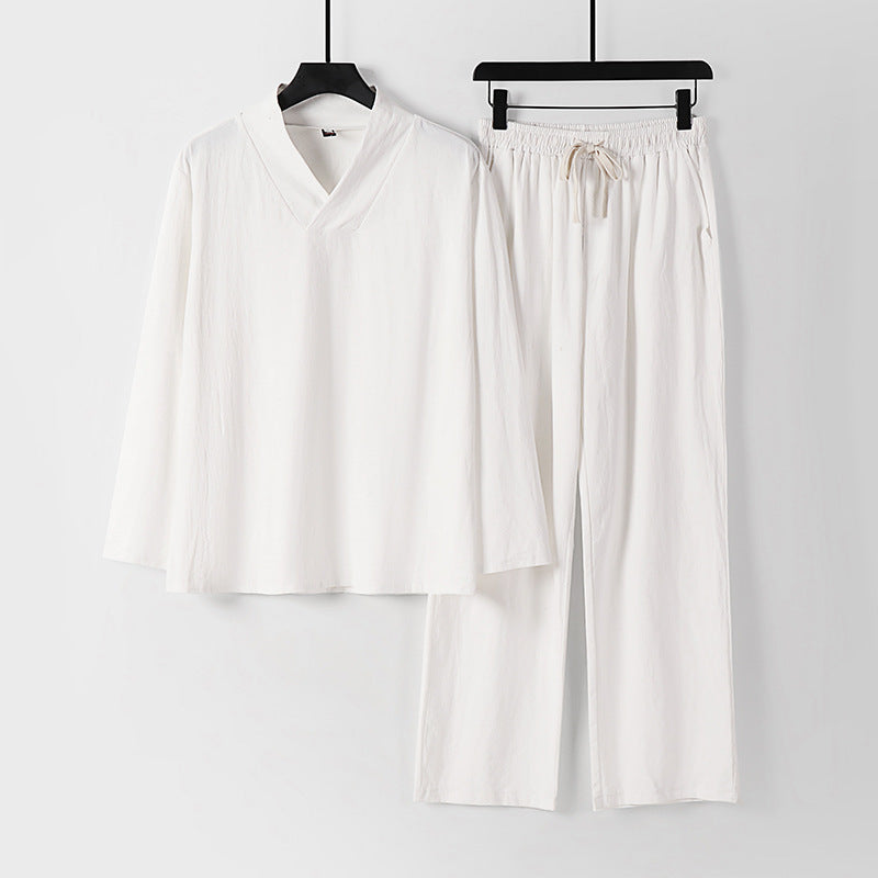 Unisex Zen-inspiriertes Leichtes Loungewear-Set mit V-Ausschnitt-Shirt und Elastischer Kordelbund-Hose Shop Nory