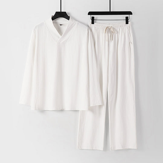 Unisex Zen-inspiriertes Leichtes Loungewear-Set mit V-Ausschnitt-Shirt und Elastischer Kordelbund-Hose Shop Nory