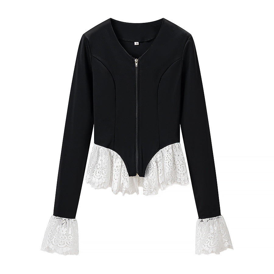 Damen Taillierte Zip‑Jacke mit Spitzenvolant am Saum und Ärmelabschluss Shop Nory