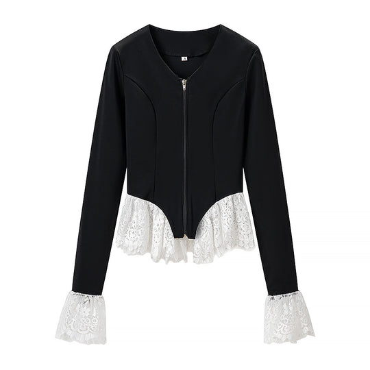 Damen Taillierte Zip‑Jacke mit Spitzenvolant am Saum und Ärmelabschluss Shop Nory