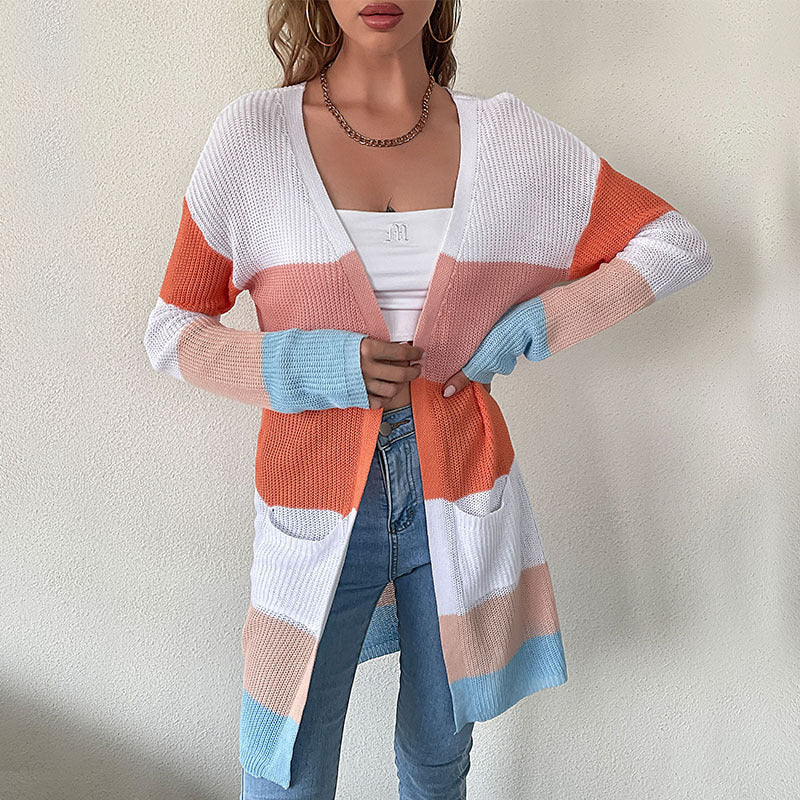 Damen Longline Feinstrick-Cardigan mit bunten Blockstreifen und seitlichen Eingrifftaschen Shop Nory