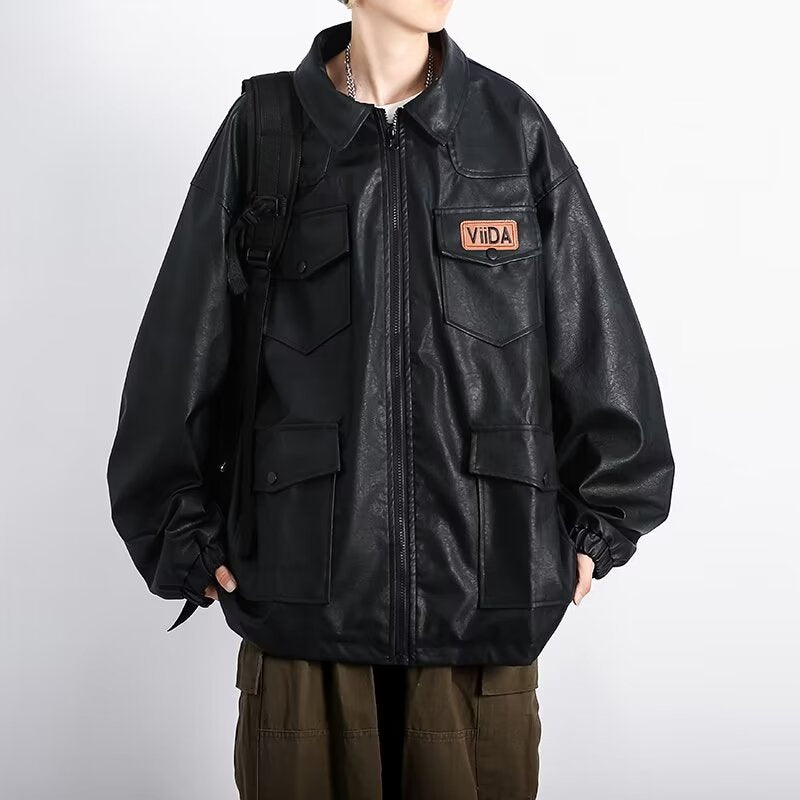 Unisex Oversized Utility Lederimitat Jacke mit Mehreren Klappentaschen Shop Nory