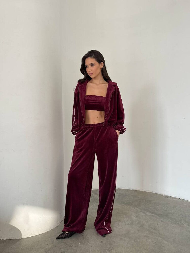 Damen dreiteiliges Samt-Lounge-Set mit Bandeau-Top, Kapuzen-Zipjacke und weiter High-Waist Palazzo-Hose Shop Nory
