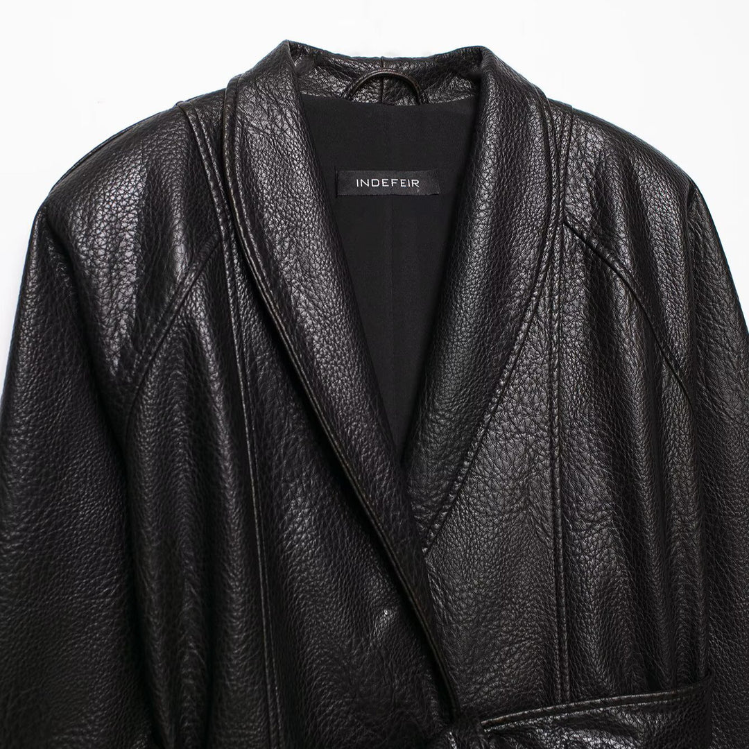 Damen Kurzjacke aus Lederoptik mit Schalkragen und Taillenbindegürtel Shop Nory