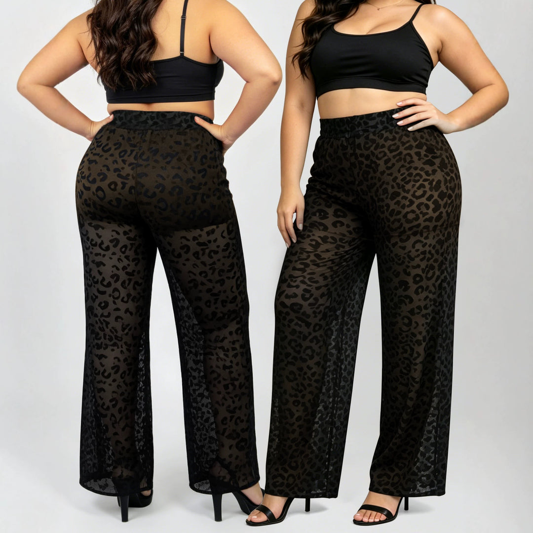 Damen Hochtaillierte weit geschnittene Chiffon-Hose mit Leopardmuster und Bauchkontrolle Shopy Nory