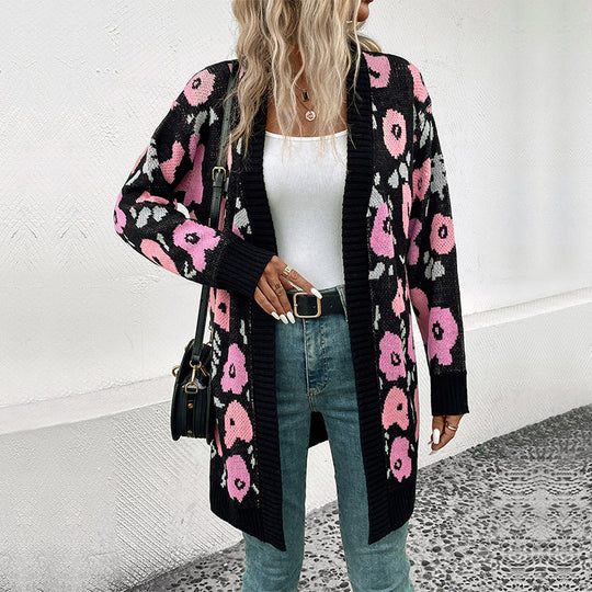 Damen Langer Strickcardigan mit Oversize-Schnitt, Animal-Jacquard und gerippten Bündchen Shop Nory