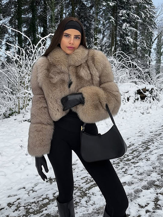 Damen Kurz geschnittener Luxus-Kunstpelzblouson mit voluminösem Schalkragen Shop Nory
