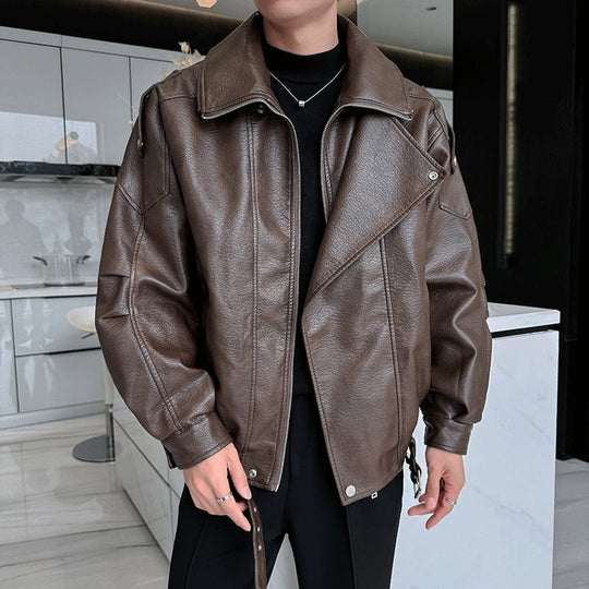 Herren Oversized Lederjacke mit weitem asymmetrischen Revers und Taillengürtel Shop Nory