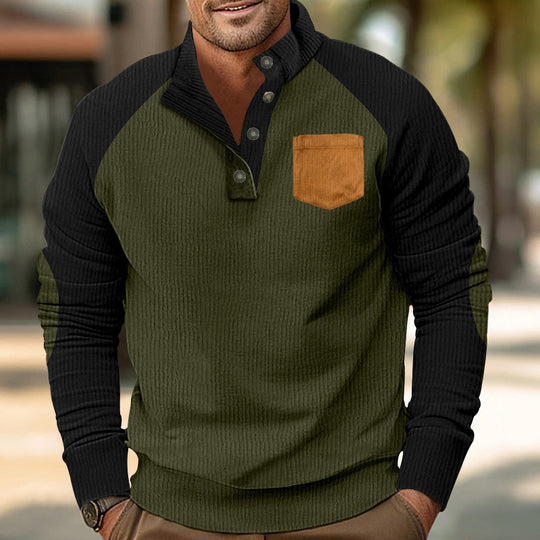 Herren Geripptes Henley‑Pullover mit Raglanärmeln, Ellenbogen‑Patches & Brusttasche Shop Nory