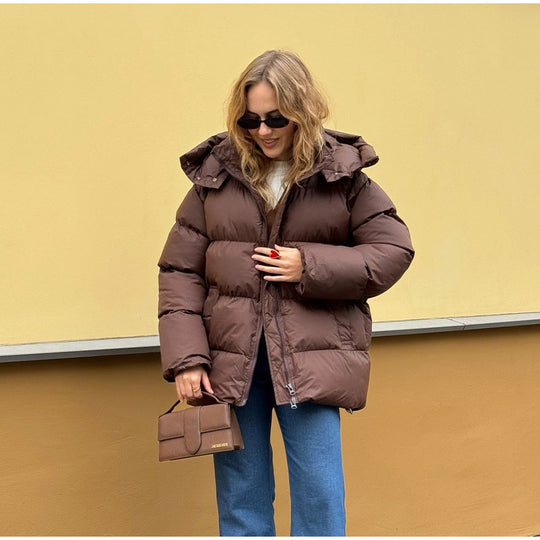 Damen Gefütterte Oversize-Steppjacke mit Volumenärmeln und abnehmbarem Kapuzenkragen Shop Nory