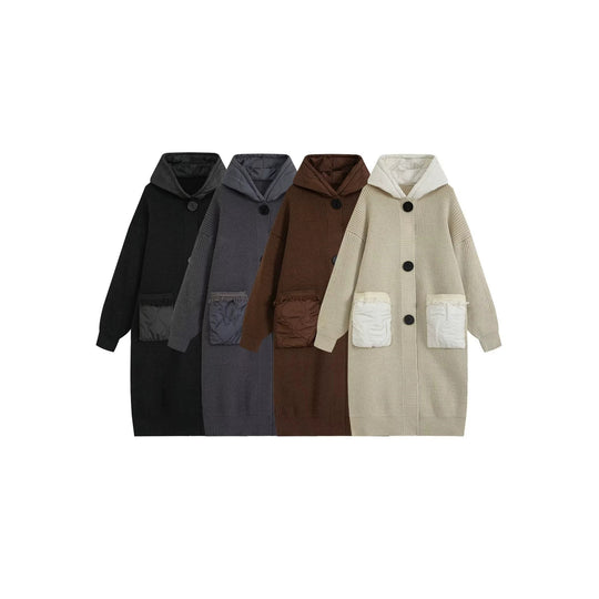 Damen Langer Oversize-Strickmantel mit gesteppter Kapuze und aufgesetzten Stepp-Taschen Shop Nory