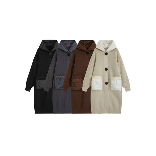Damen Langer Oversize-Strickmantel mit gesteppter Kapuze und aufgesetzten Stepp-Taschen Shop Nory