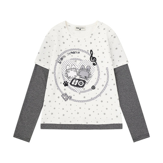 Damen Lagen-Langarmshirt mit Sternen-Allover, gestreiften Einsatzärmeln und Comic-Hasen-Frontprint Shop Nory