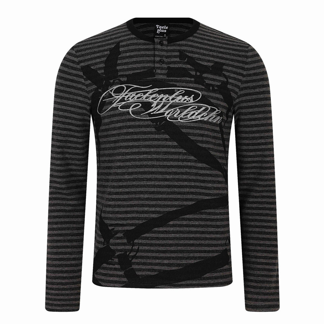 Herren Gestreiftes Longsleeve-Henley mit Knopfleiste und Typo-Print Shop Nory