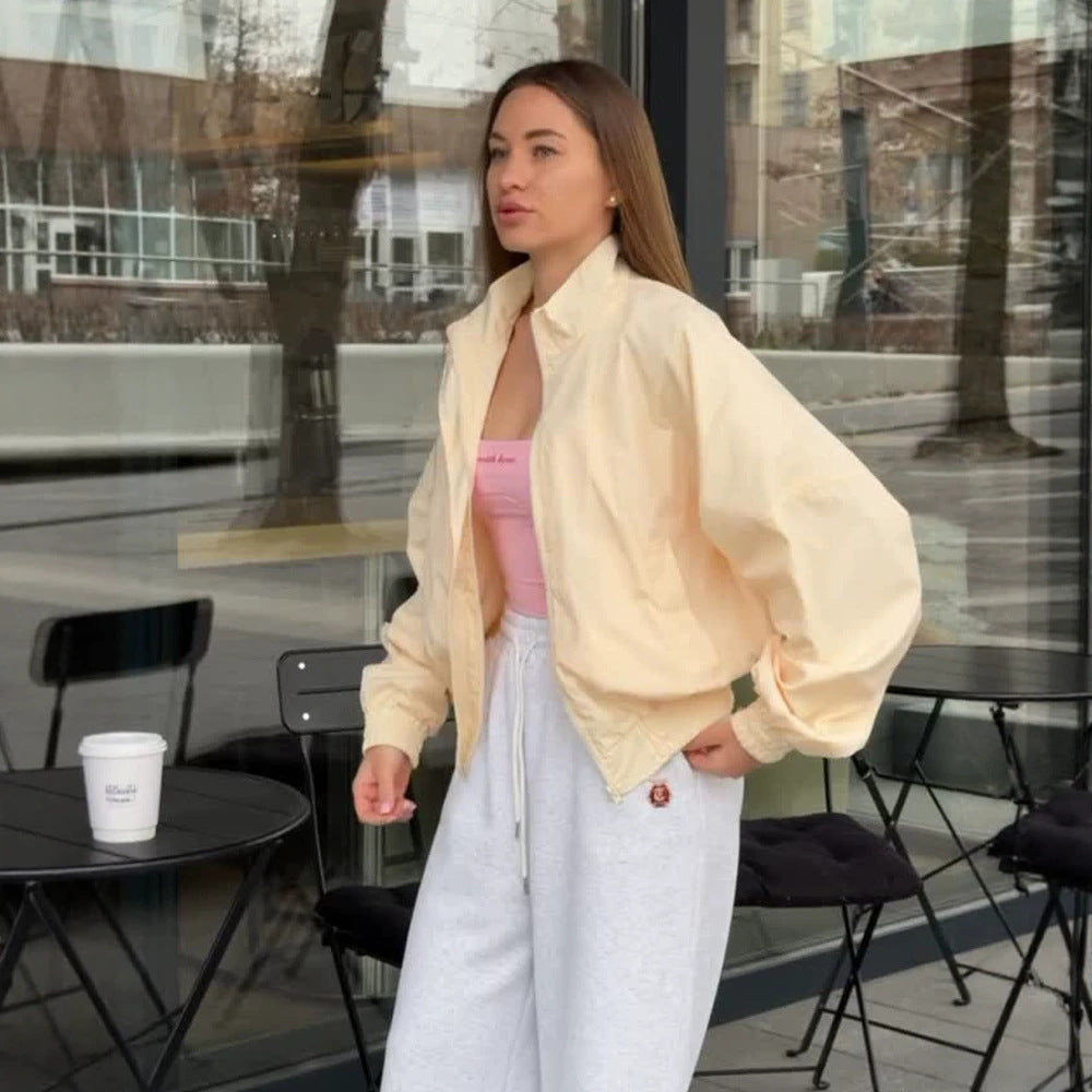 Damen Oversize Cropped Bomberjacke mit Stehkragen und Reißverschluss Shop Nory
