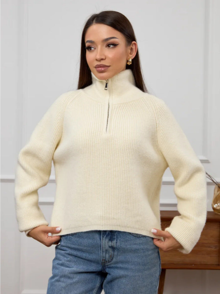 Damen Modischer Strickpullover mit Stehkragen und kurzer Reißverschluss Shop Nory