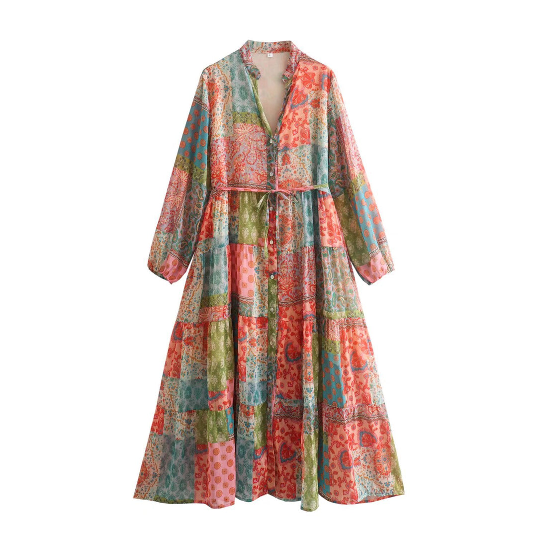 Damen Maxikleid mit Paisley‑Print, V‑Ausschnitt, Taillenband und Stufenrock Shop Nory