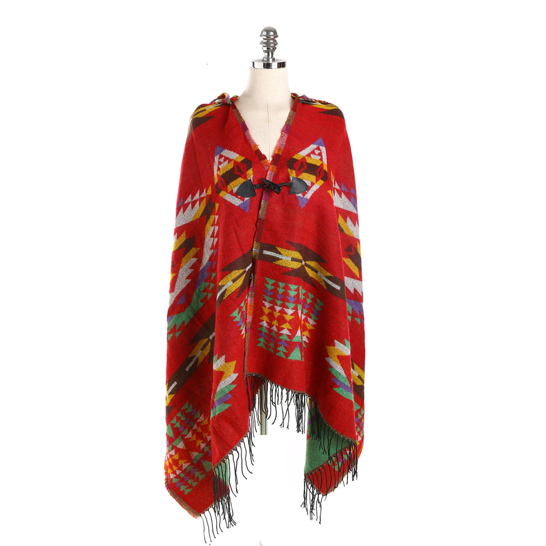 Damen Ethno-Jacquard-Poncho mit Knebelverschluss und Fransensaum Shop Nory