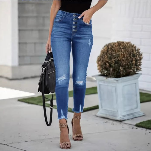 Damen Hochtaillierte Skinny-Jeans mit sichtbarer Knopfleiste, Destroyed-Kniepartien und rohem Knöchel-Saum Shop Nory