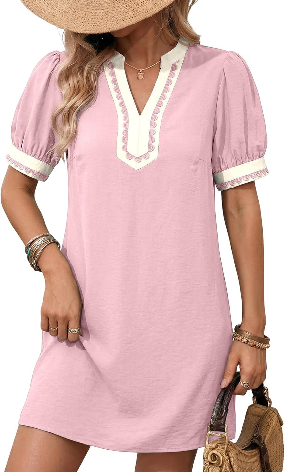 Damen Lockeres A-Linien Minikleid mit Puffärmeln, V‑Notch und kontrastierter Zierborte Shop Nory