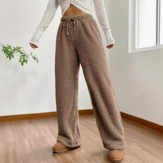 Damen nan hochtaillierte Teddyfleece-Loungehose mit weitem Bein, Kordelzug und seitlichen Eingrifftaschen Shop Nory