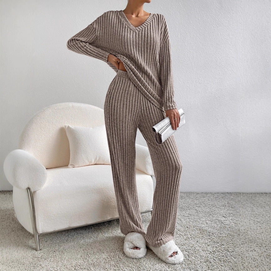 Frauen Rippstrick Lounge Set aus weichem Strick mit V-Ausschnitt und weitem Bein Shop Nory