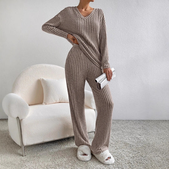 Frauen Rippstrick Lounge Set aus weichem Strick mit V-Ausschnitt und weitem Bein Shop Nory