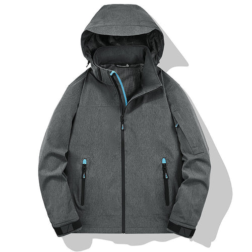 Herren Wetterresistente Softshell-Outdoorjacke mit Kapuze, hohem Kragen und verschweißten Nähten Shop Nory