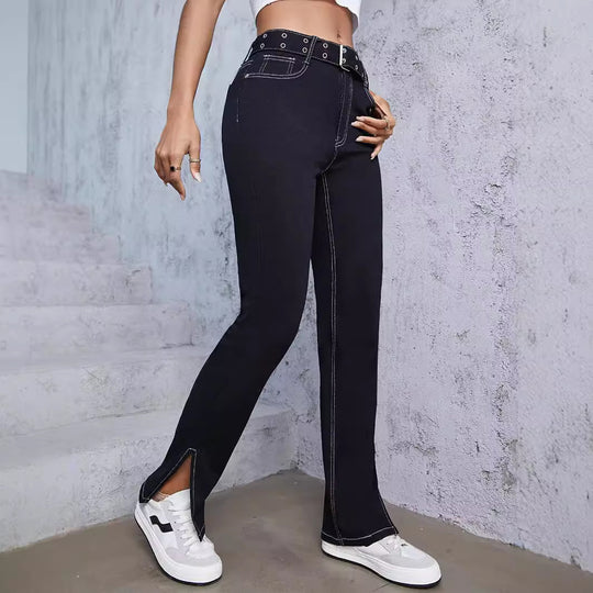 Damen High-Waist Straight-Jeans mit seitlichem Knöchelschlitz und Kontrastnaht Shop Nory