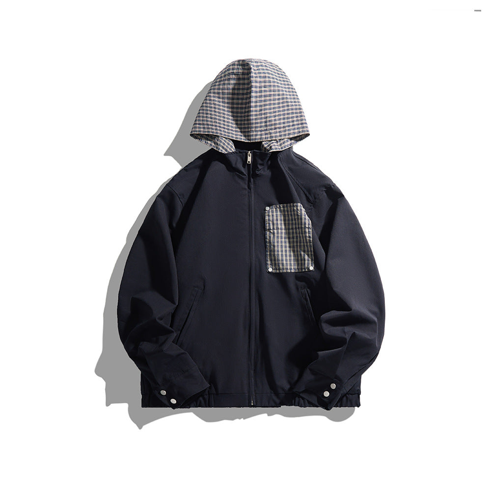 Unisex Leichte Kapuzen-Übergangsjacke mit Karopatch-Brusttasche und elastischem Saum Shop Nory