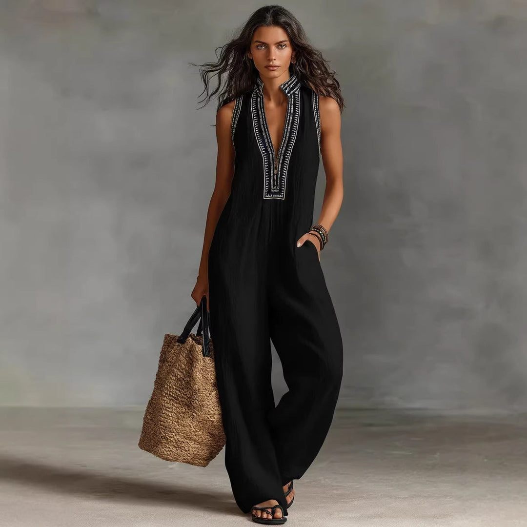 Damen luftiger Jumpsuit mit elegantem V-Ausschnitt und besticktem Kragen