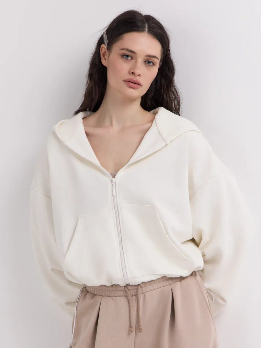 Damen legeres Cropped-Fleece-Hoodie mit Tunnelzugbund, Raglanärmeln und Reißverschluss Shop Nory