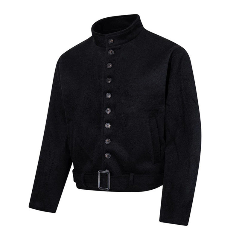 Herren Kurze Wollmix‑Jacke mit Stehkragen, durchgehender Knopfleiste und Taillengürtel Shop Nory