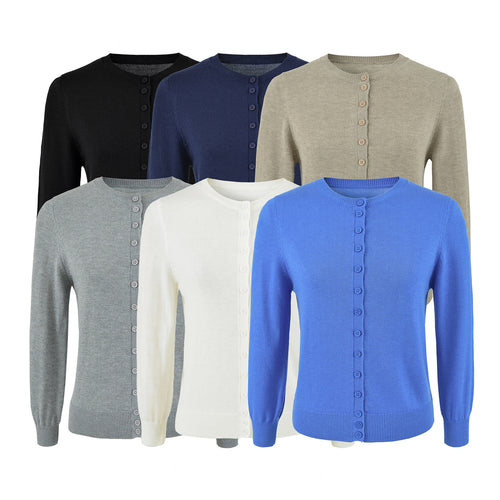 Damen Fein gestrickte Rundhals-Strickjacke mit Knopfleiste und Rippbündchen Shop Nory