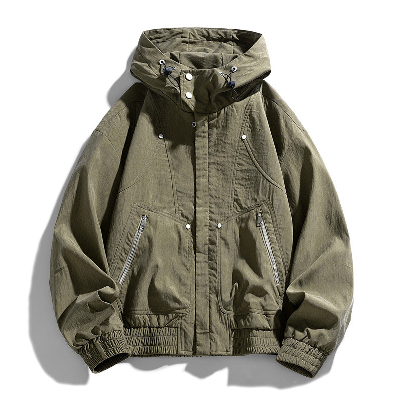 Herren Oversize Canvas-Utility-Kapuzenjacke mit versteckter Druckknopfleiste und Reißverschlusstaschen Shop Nory
