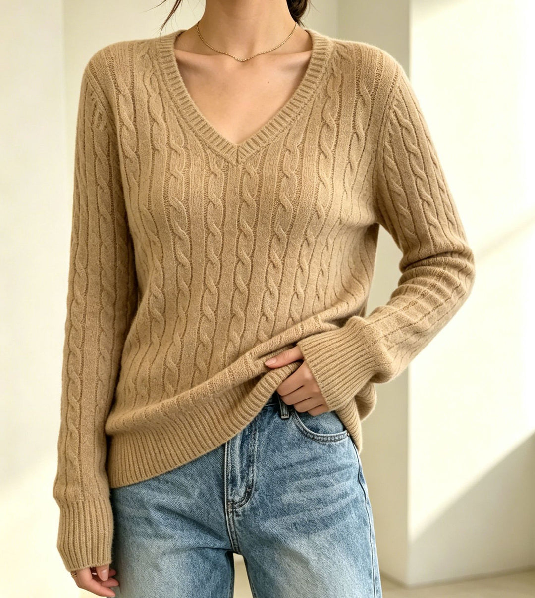 Damen Kabelstrickpullover mit V-Ausschnitt, feiner Struktur und taillierter Passform Shop Nory