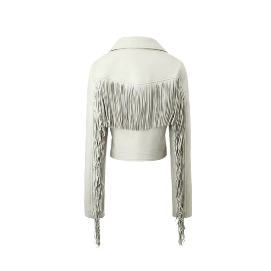 Damen Kurze Biker‑Lederjacke mit Fransenärmeln und asymmetrischem Reißverschluss Shop Nory