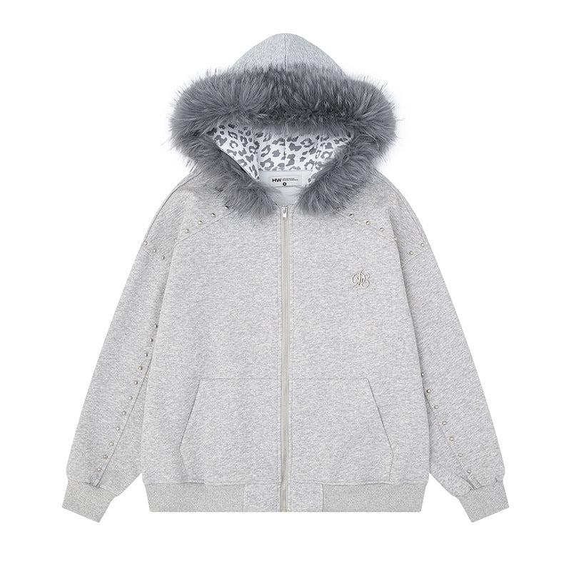 Damen Kapuzen-Sweatjacke mit Kunstfellbesatz, Leo-Innenfutter und Zier-Nieten Shop Nory