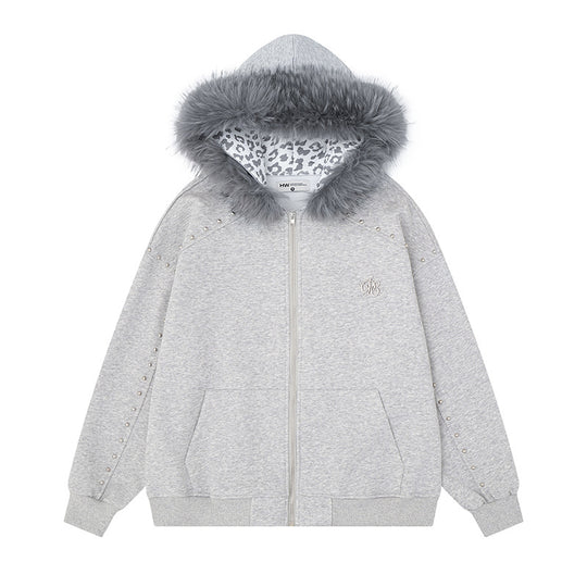 Damen Kapuzen-Sweatjacke mit Kunstfellbesatz, Leo-Innenfutter und Zier-Nieten Shop Nory